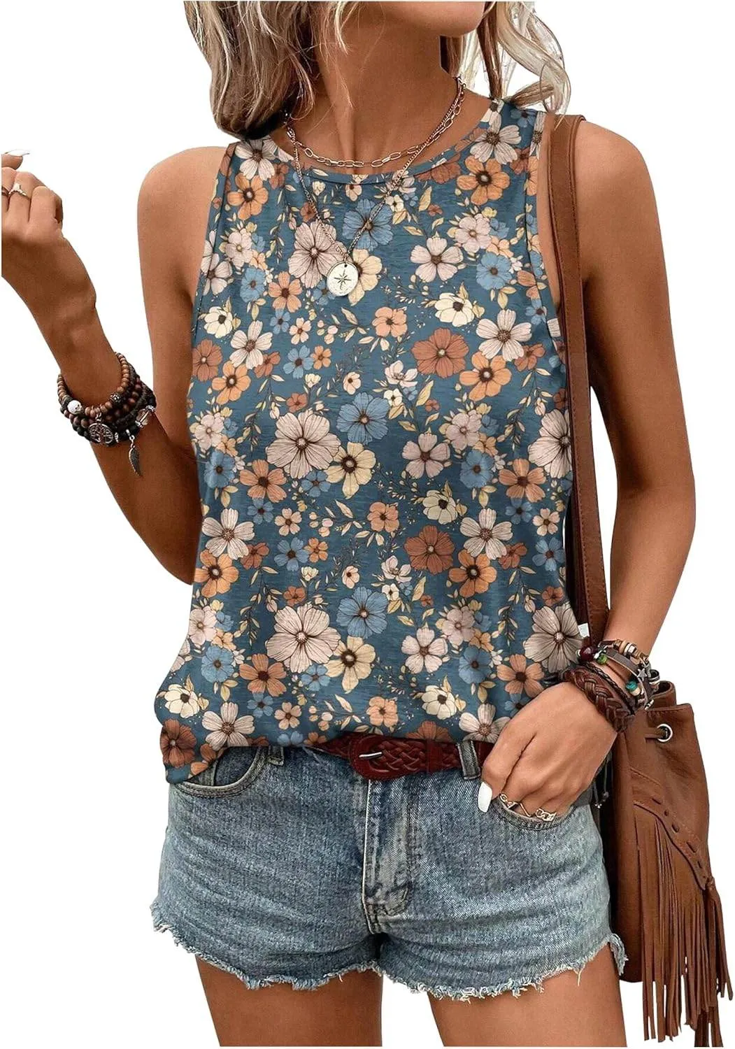 Womens Mandala Vintage Graphic Racerback Tank Tops Summer Casual Loose O-Neck Tanks Vest Vacation Classic-Fit Shirt Cami
