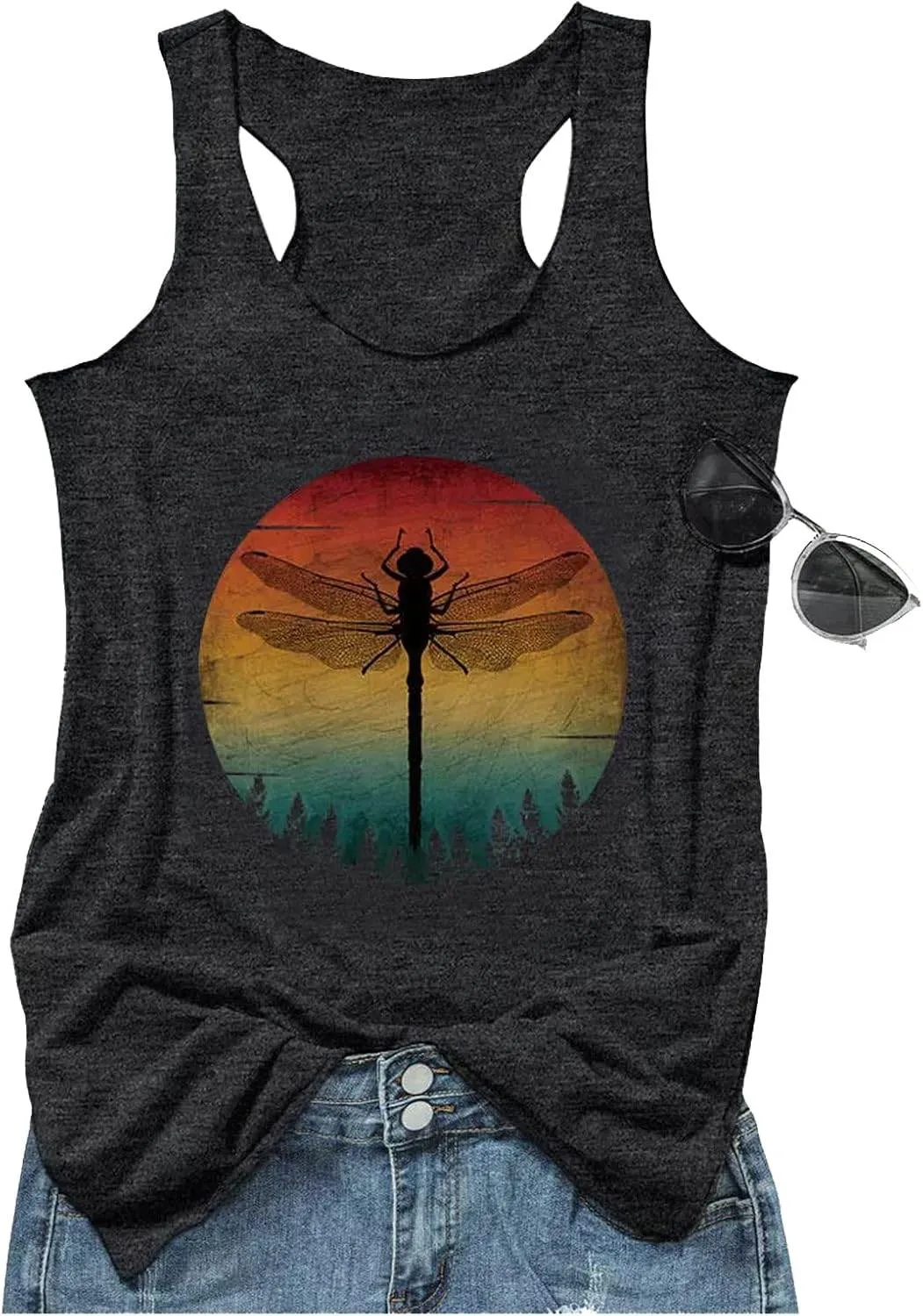 Womens Mandala Vintage Graphic Racerback Tank Tops Summer Casual Loose O-Neck Tanks Vest Vacation Classic-Fit Shirt Cami