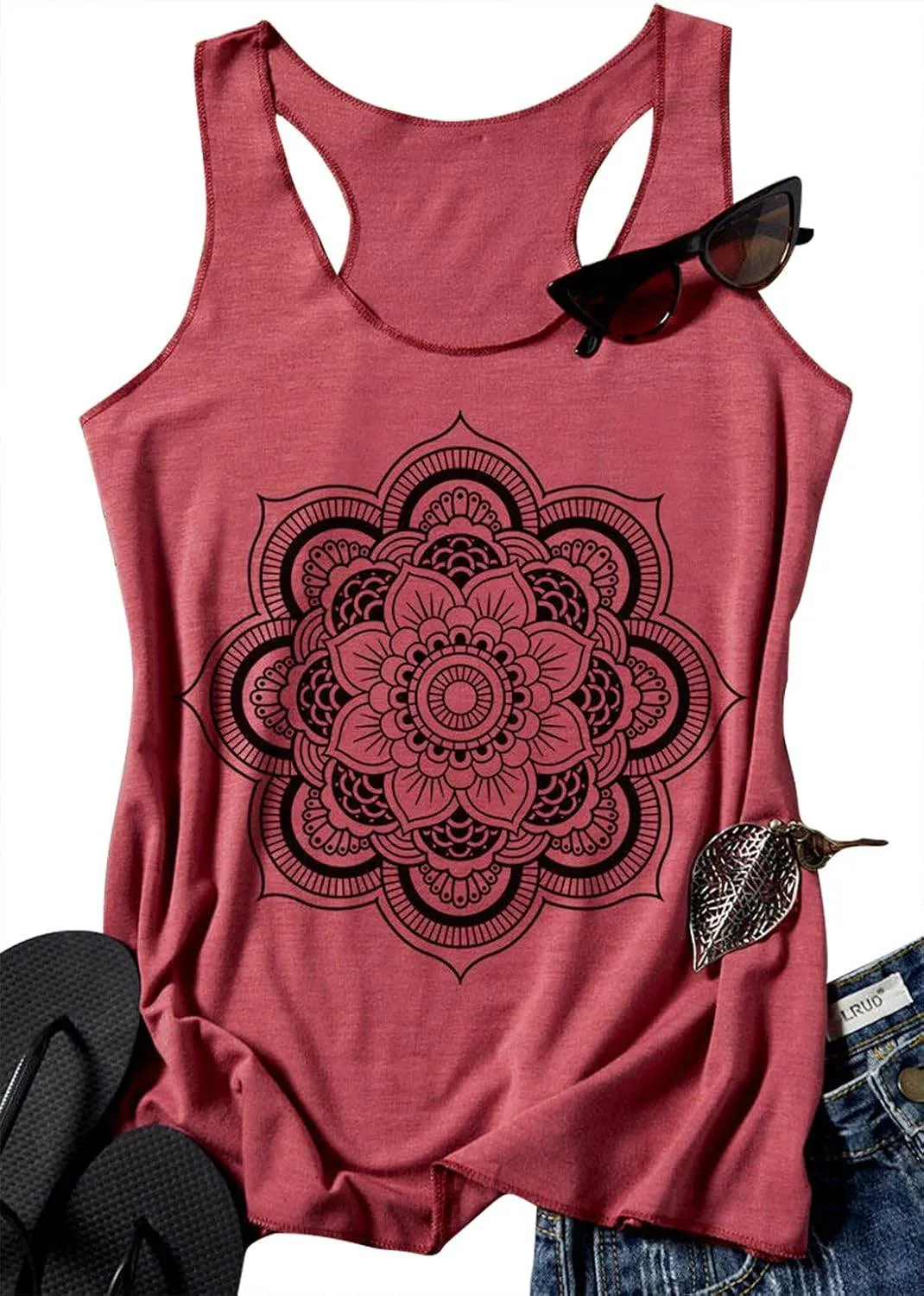 Womens Mandala Vintage Graphic Racerback Tank Tops Summer Casual Loose O-Neck Tanks Vest Vacation Classic-Fit Shirt Cami