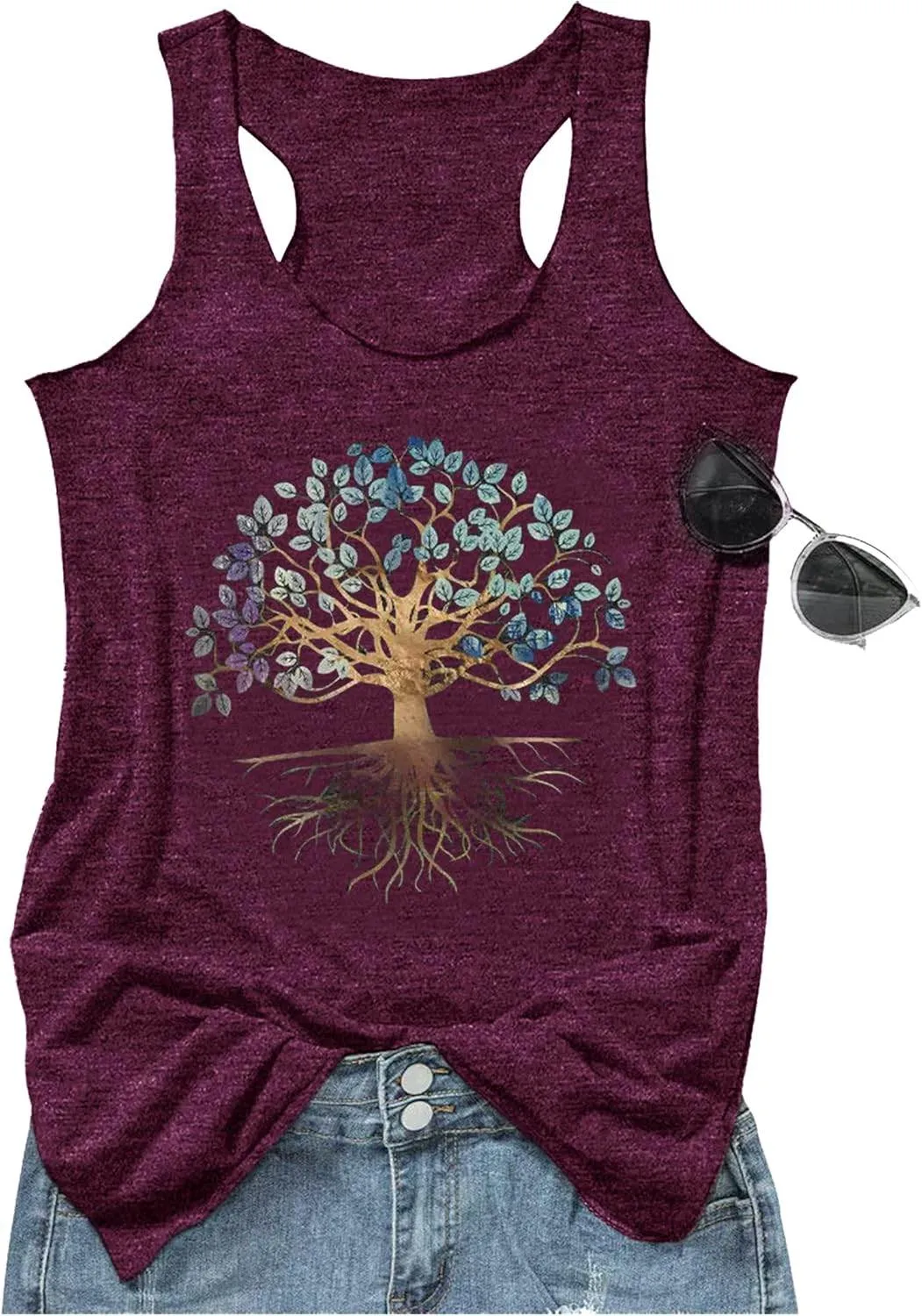 Womens Mandala Vintage Graphic Racerback Tank Tops Summer Casual Loose O-Neck Tanks Vest Vacation Classic-Fit Shirt Cami