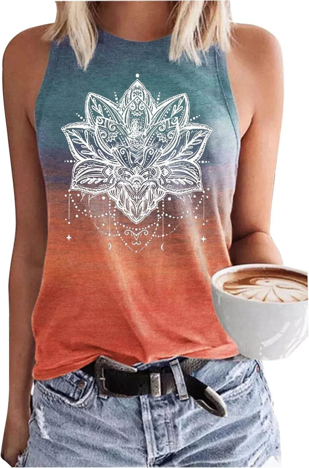 Womens Mandala Vintage Graphic Racerback Tank Tops Summer Casual Loose O-Neck Tanks Vest Vacation Classic-Fit Shirt Cami