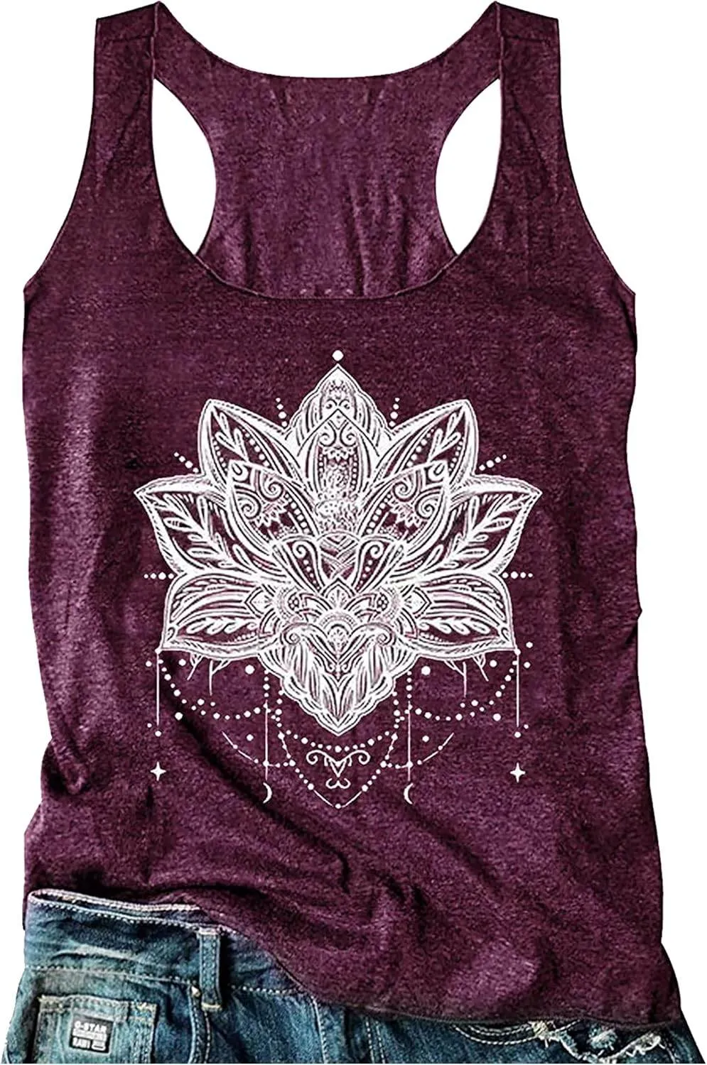 Womens Mandala Vintage Graphic Racerback Tank Tops Summer Casual Loose O-Neck Tanks Vest Vacation Classic-Fit Shirt Cami