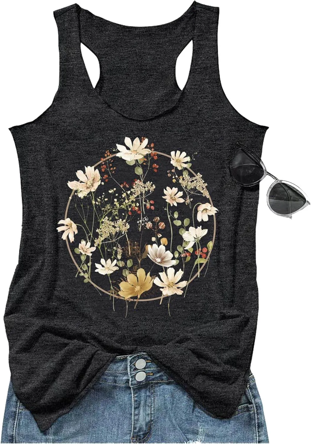 Womens Mandala Vintage Graphic Racerback Tank Tops Summer Casual Loose O-Neck Tanks Vest Vacation Classic-Fit Shirt Cami