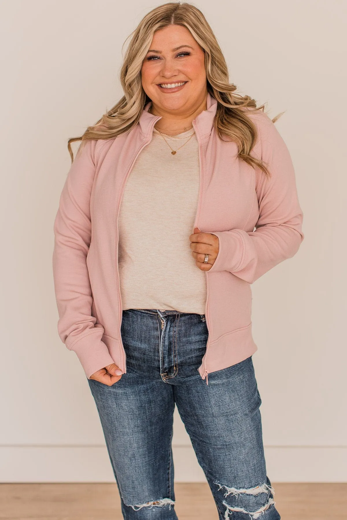 Work In Progress Zip Up Athleisure Jacket- Light Pink