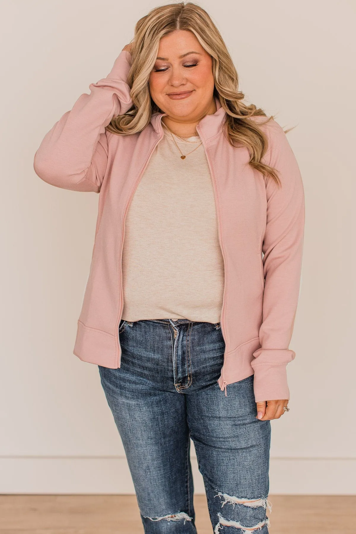 Work In Progress Zip Up Athleisure Jacket- Light Pink