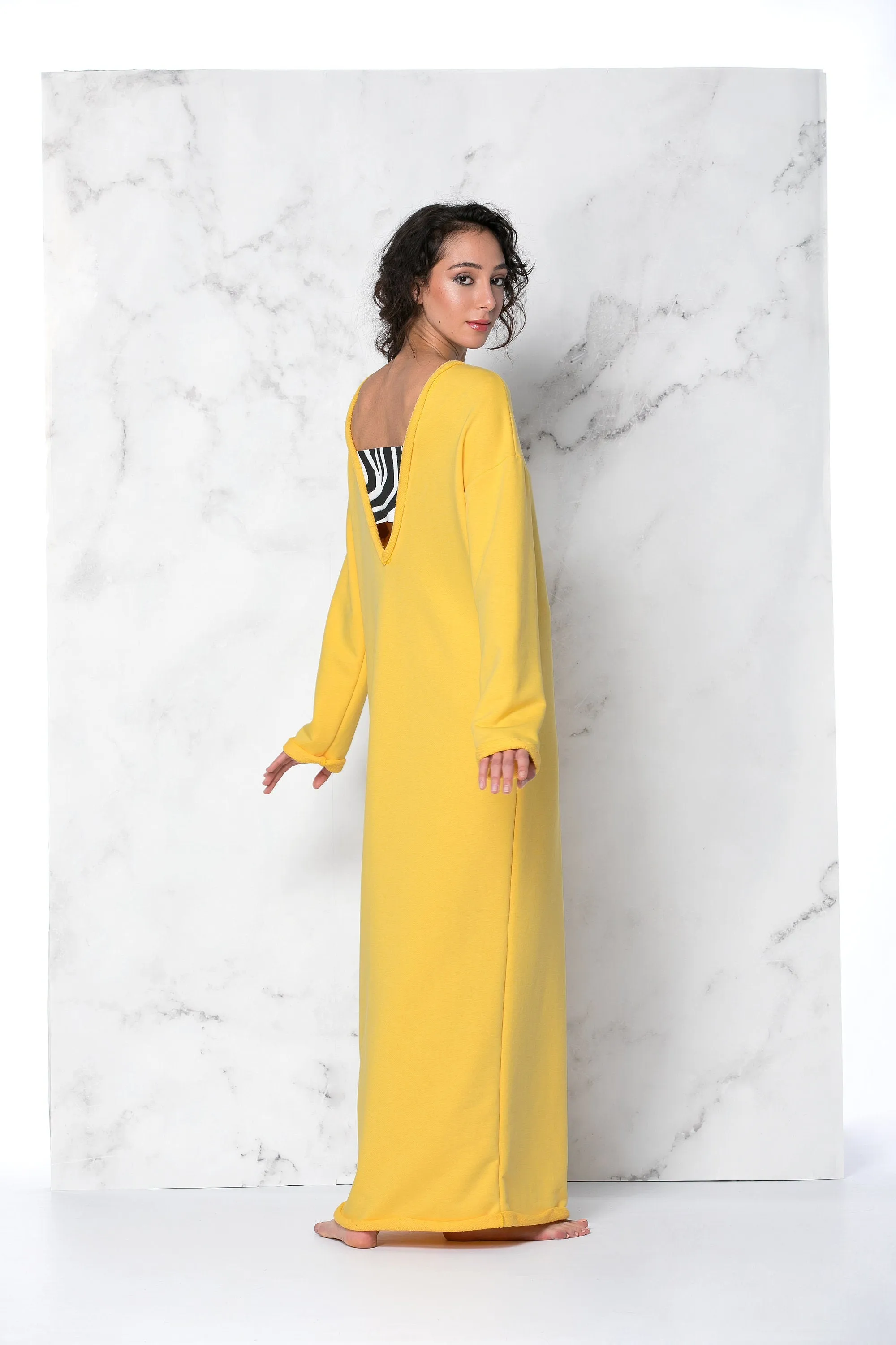 Yellow Dress, Yellow Kaftan, Yellow Maxi Dress, Backless Caftan Dress, Loungewear Dress, Cut Out Dress, Avant Garde Dress, Extravagant Dress