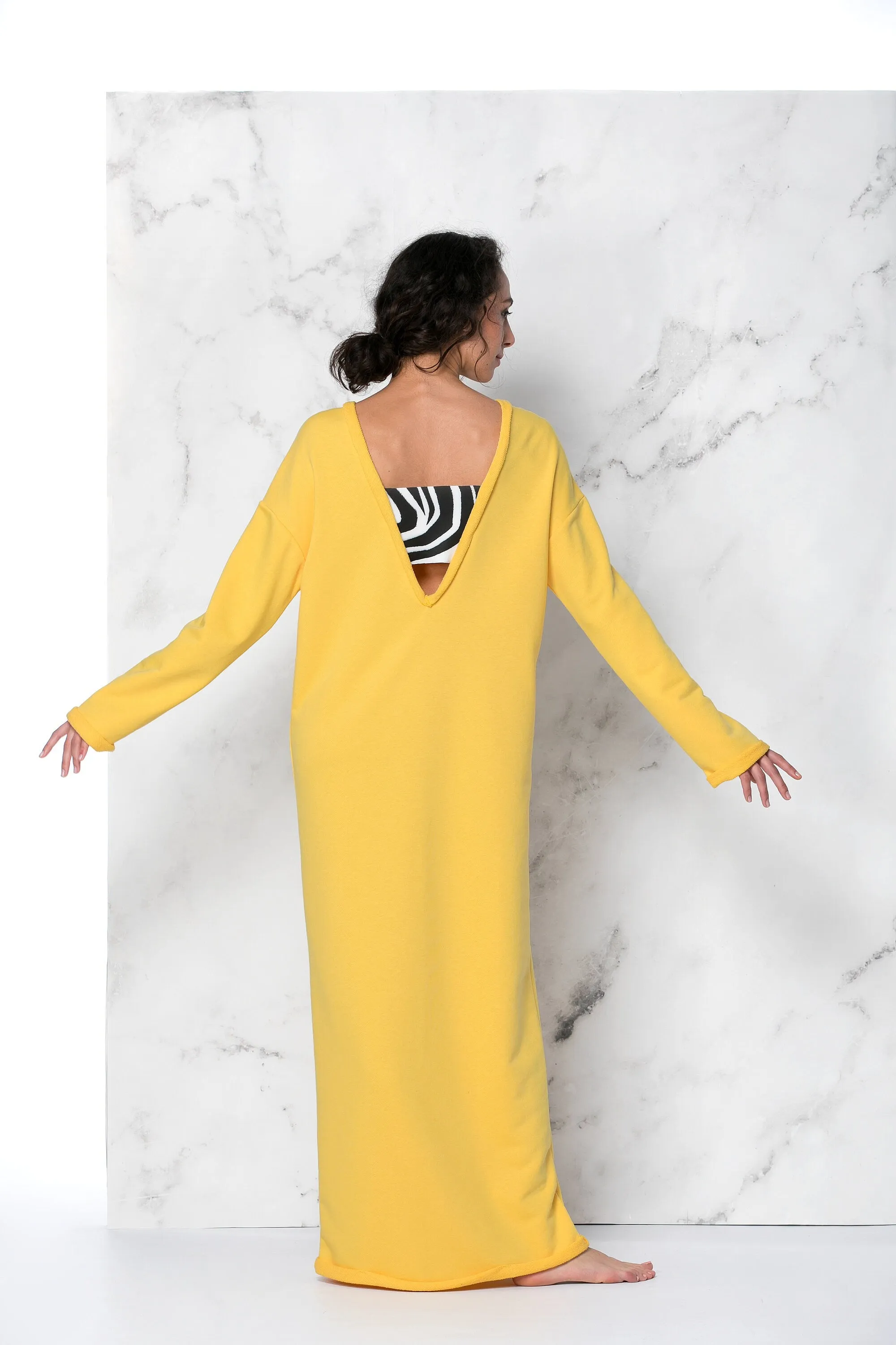 Yellow Dress, Yellow Kaftan, Yellow Maxi Dress, Backless Caftan Dress, Loungewear Dress, Cut Out Dress, Avant Garde Dress, Extravagant Dress