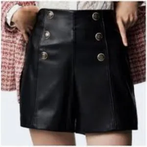 Zara High Waisted Metal Button Faux Black Leather Shorts Size MED NWT