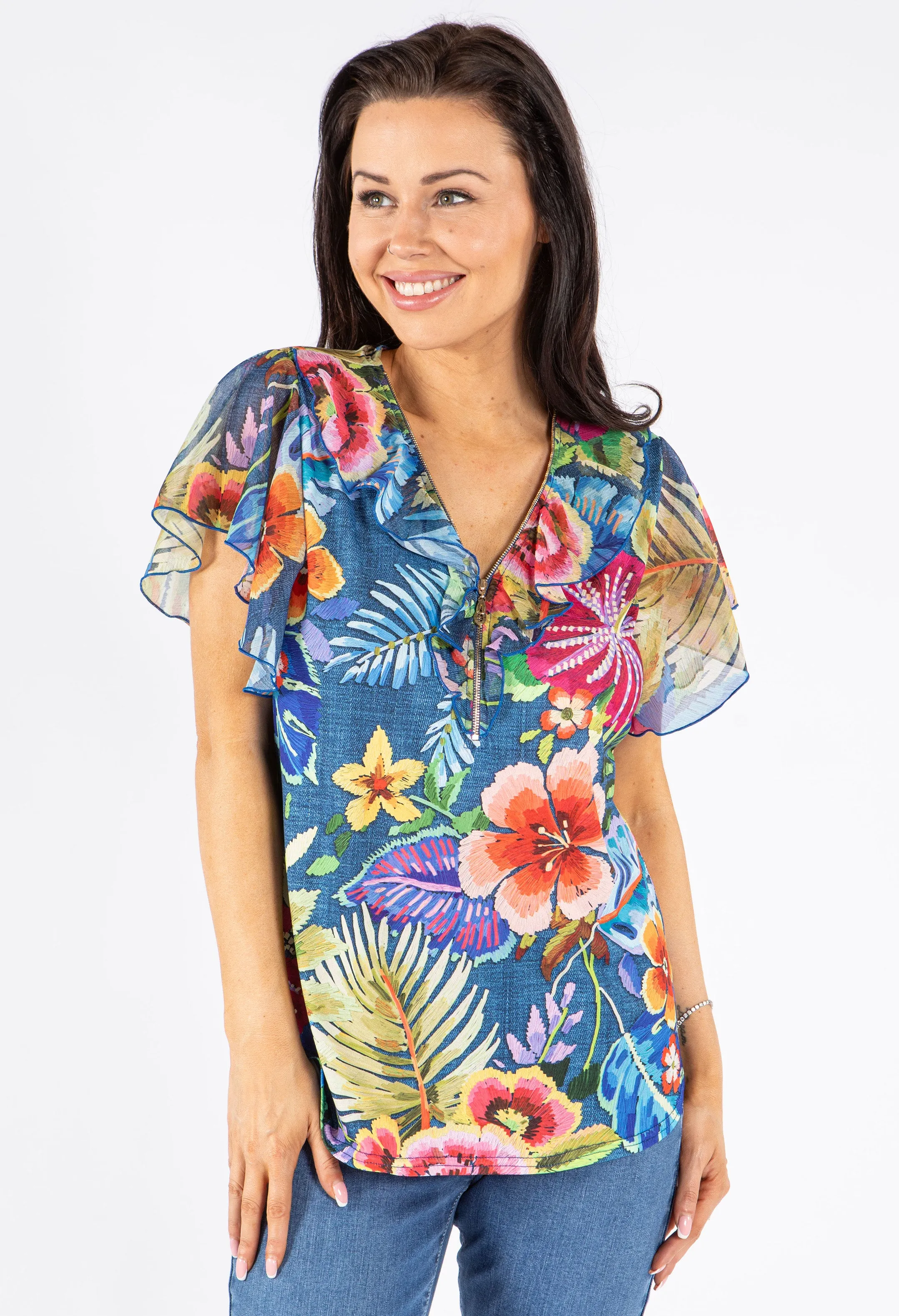 Zip-Up Floral Print Blouse