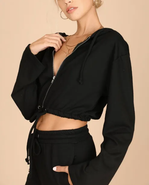 Zip Up Terry Cloth Cropped Hoodie