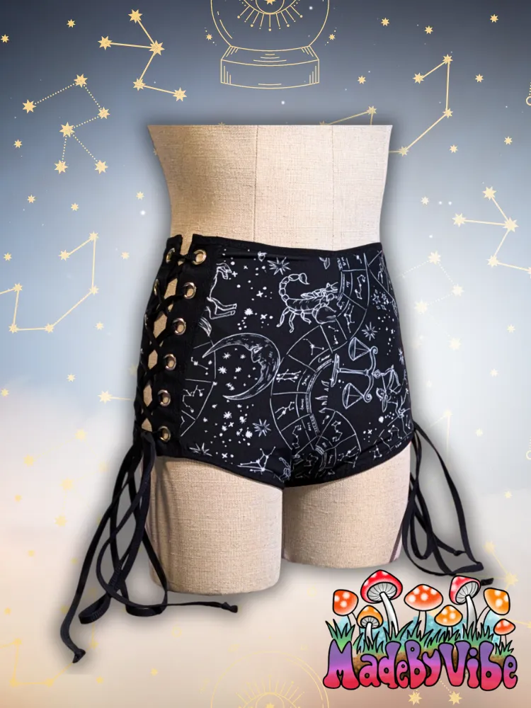 Zodiac Print Lace Up High Waisted Booty Shorts - Ready to Ship