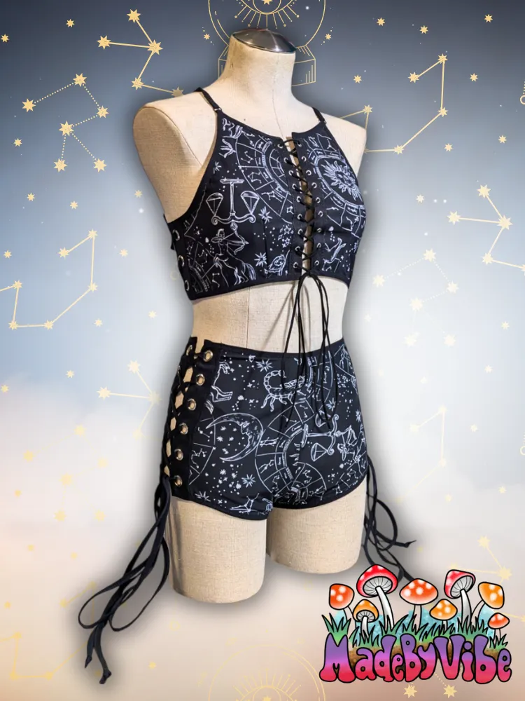 Zodiac Print Lace Up High Waisted Booty Shorts - Ready to Ship