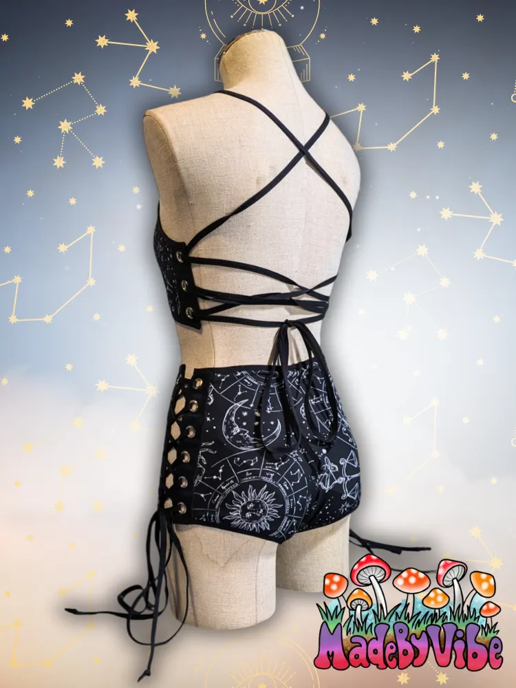 Zodiac Print Lace Up High Waisted Booty Shorts - Ready to Ship