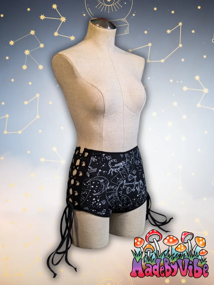 Zodiac Print Lace Up High Waisted Booty Shorts - Ready to Ship